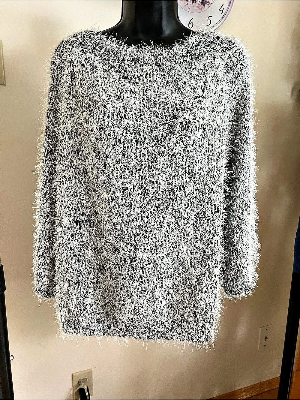 Fuzzy Crewneck Sweater in Gray & White